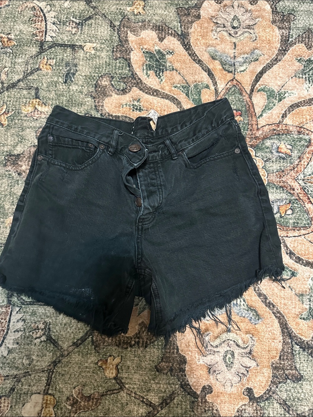 Free People Black High-Rise Raw Hem Denim Shorts